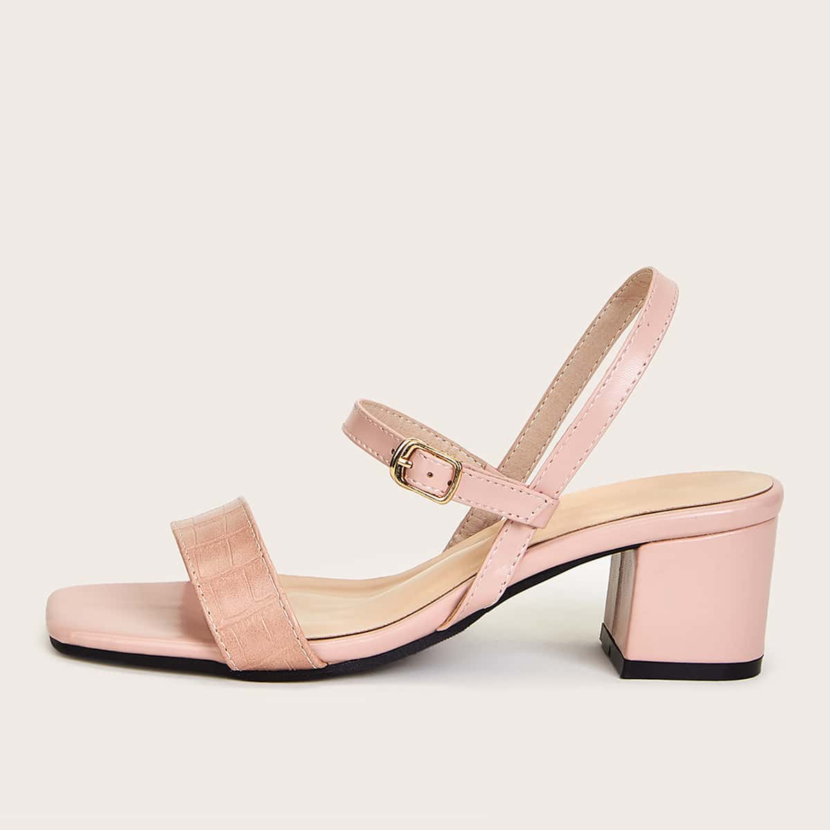 

Open Toe Buckle Strap Chunky Heels, Pink