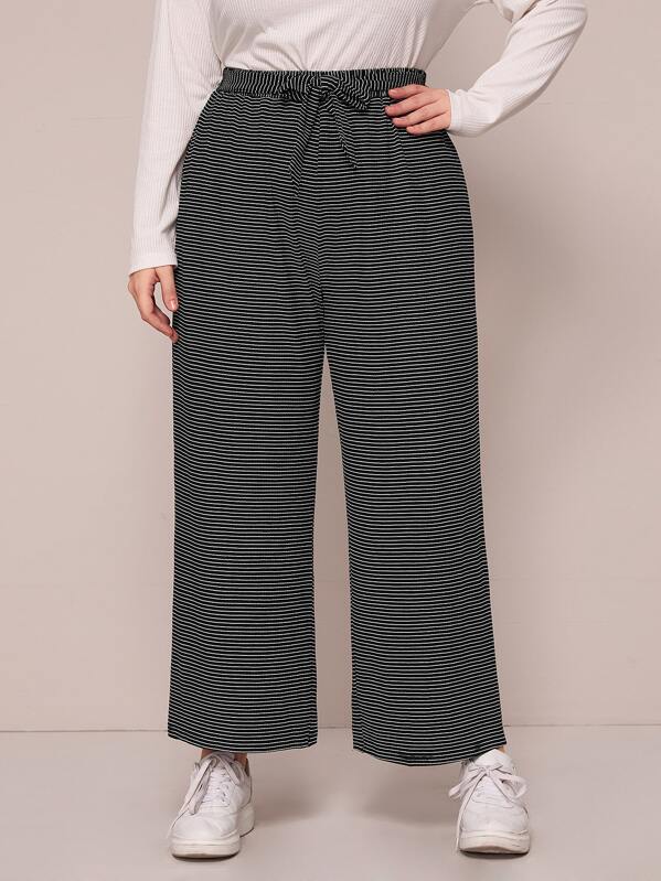 

Plus Striped Belted Wide Leg Pants, Black and white, Ella