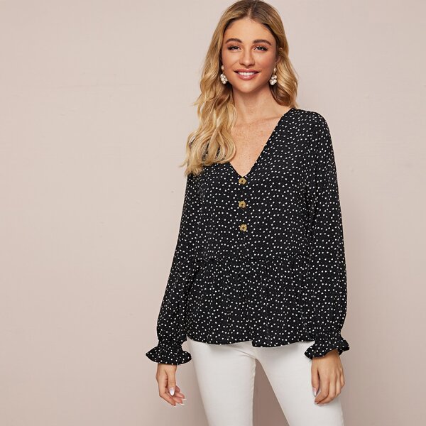 

All Over Heart Print Ruffle Hem Blouse, Black