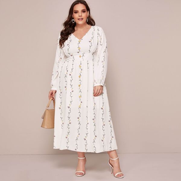 

Plus Button Front Floral Print A-line Dress, White