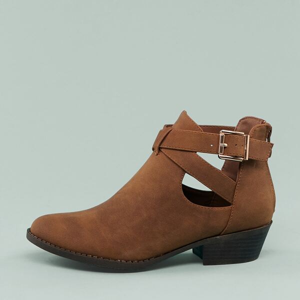 

Cut Out Buckle Detail Almond Toe Low Heel Booties, Brown