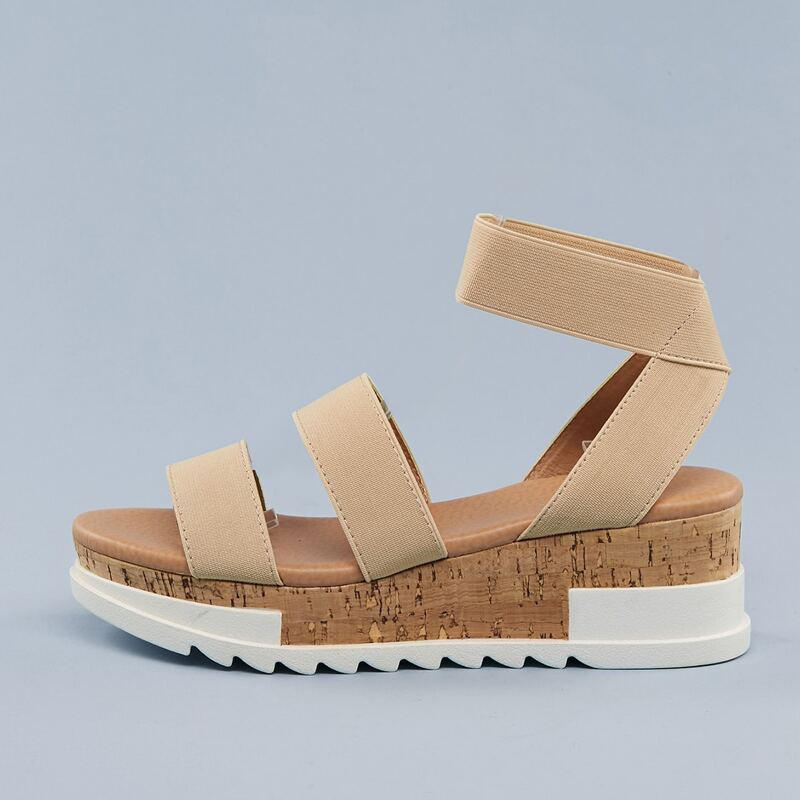 

Cork Platform Lug Sole Stretch Strappy Sandals, Beige