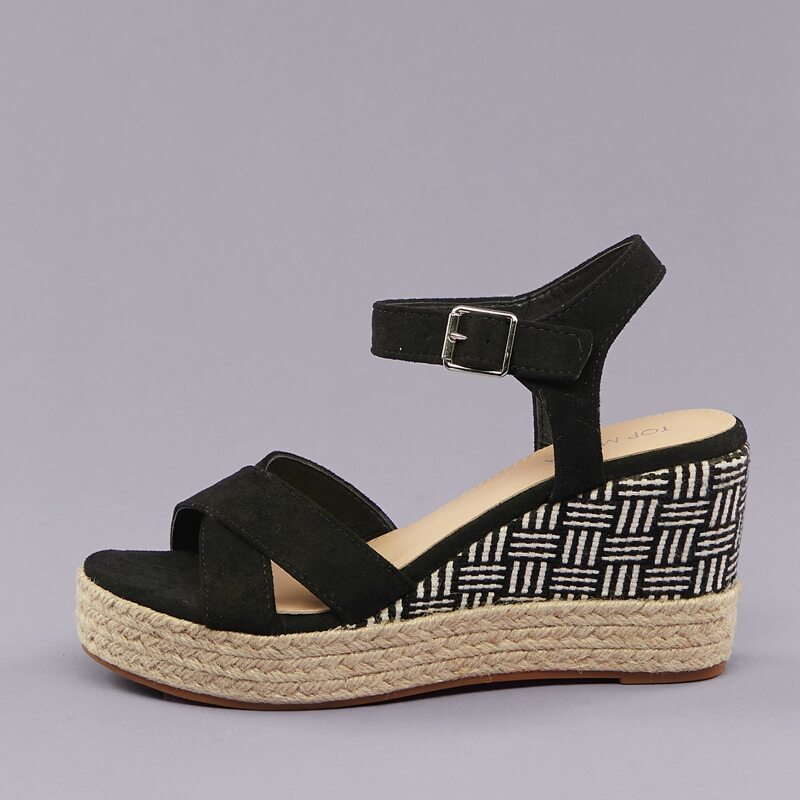 

Cross Open Toe Band Buckled Ankle Wedge Sandals, Black
