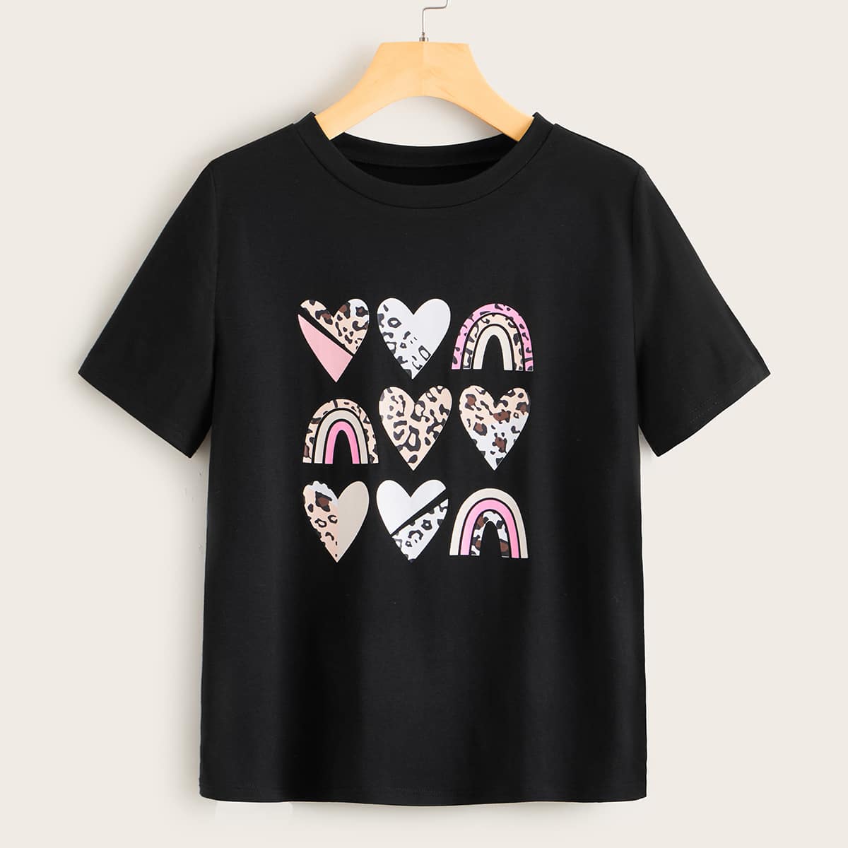

Heart And Leopard Print Crew Neck Tee, Black