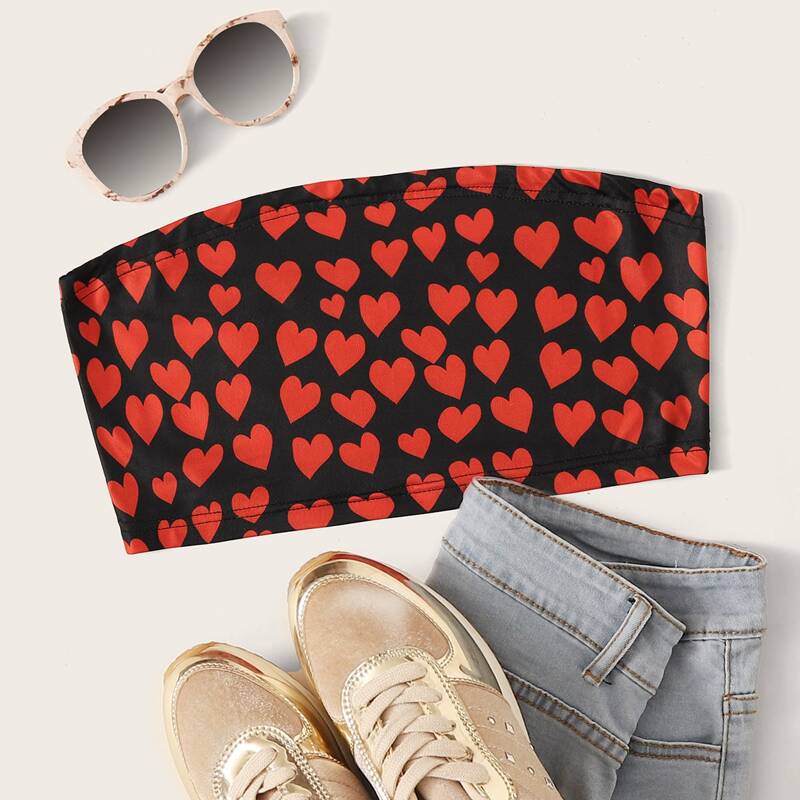 

Heart Print High Low Crop Tube Top, Multicolor
