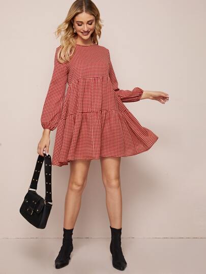 Houndstooth Ruffle Hem Smock Dress