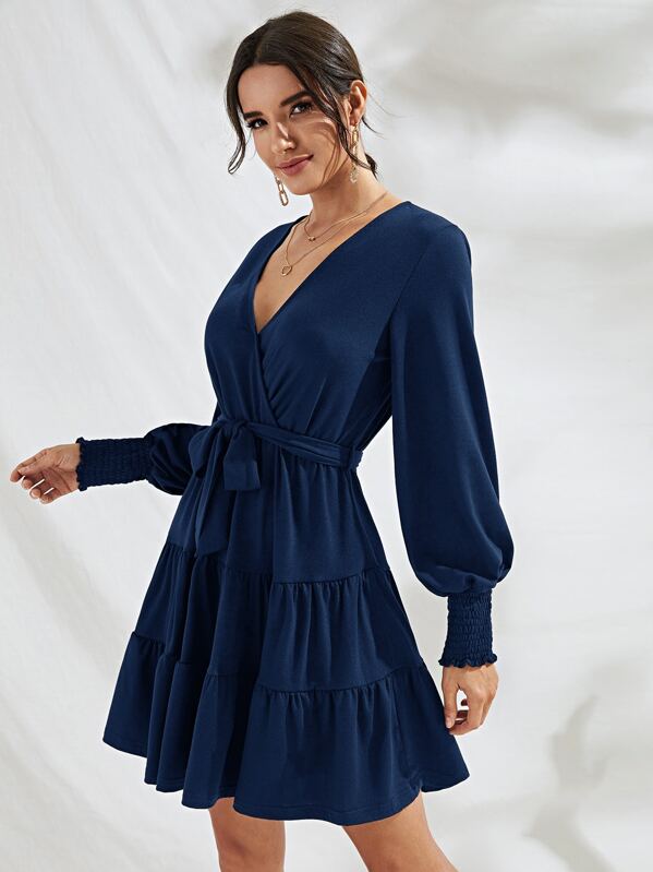 

Shirred Bishop Sleeve Layered Ruffle Belt Dress, Navy, Juliana