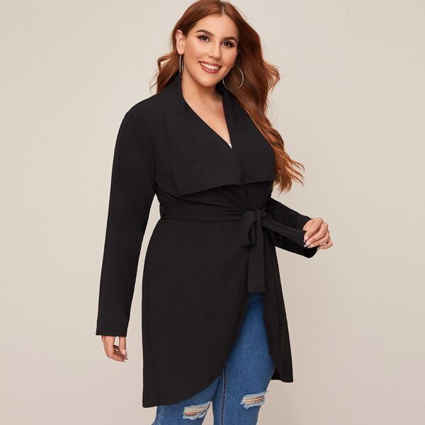 

Plus Waterfall Collar Belted Coat, Black