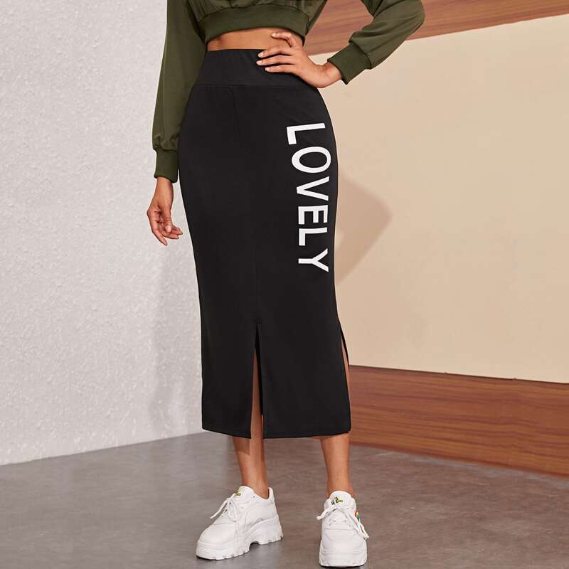 

Letter Graphic Slit Hem Pencil Skirt, Black