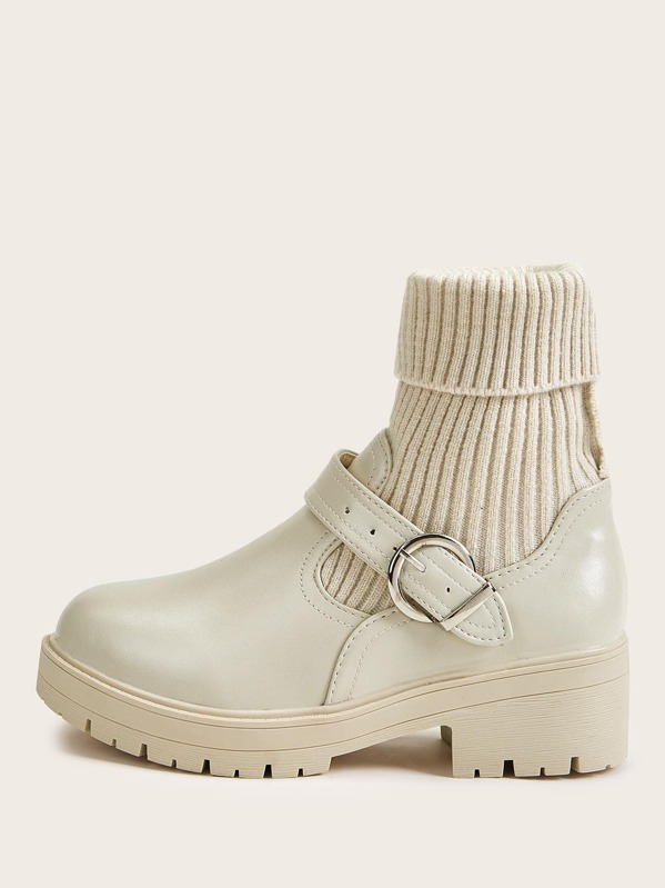 

Buckle Strap Knit Panel Boots, Apricot