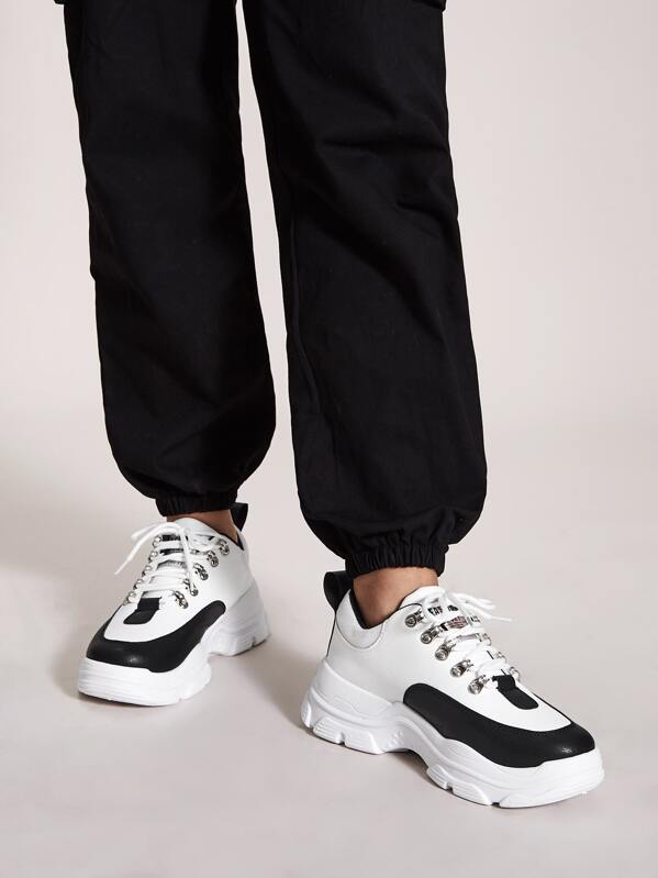 Color Block Lace-up Front Chunky Sneakers, Black and white