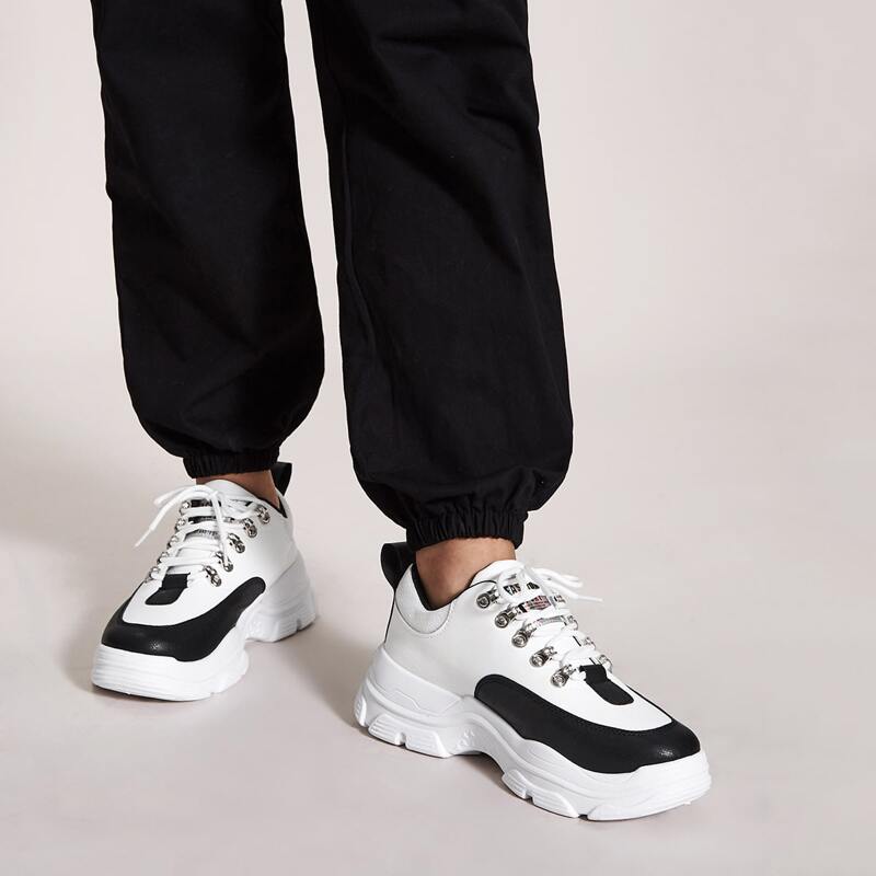 

Color Block Lace-up Front Chunky Sneakers, Black and white