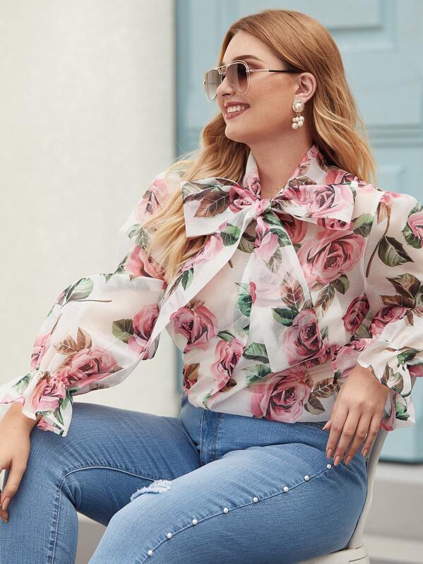 

Plus Floral Print Tie Neck Sheer Blouse, Multicolor, Nora
