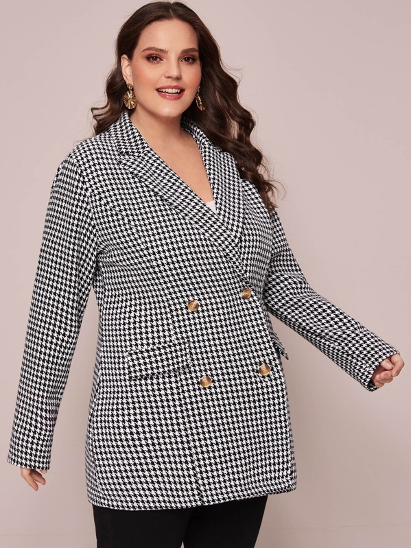 

Plus Houndstooth Lapel Neck Blazer, Black and white, Ella