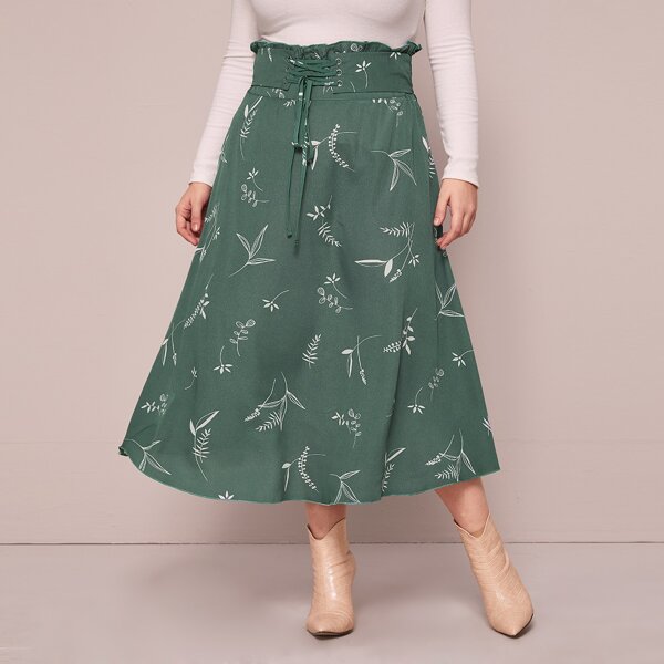 

Plus Plants Print Lace Up Waist Skirt, Green