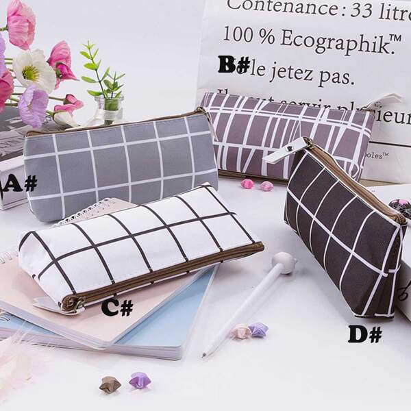 

1pc Simple Grid Pattern Pencil Case