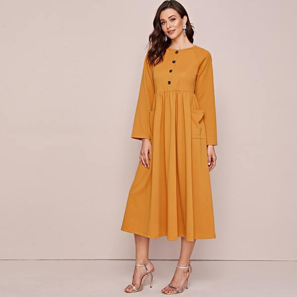 

Button Front Pocket Detail Dress, Yellow bright