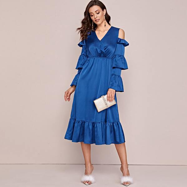 

Open Shoulder Ruffle Trim Satin Dress, Blue