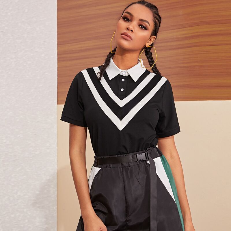

Contrast Collar Chevron Print Tee, Black