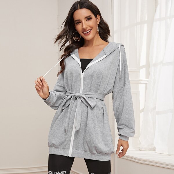

Zip Up Belted Drawstring Hooded Sweatshirt, Grey