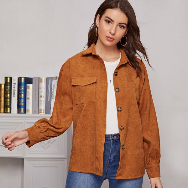 

Flap Pockets Single Button Corduroy Coat, Camel