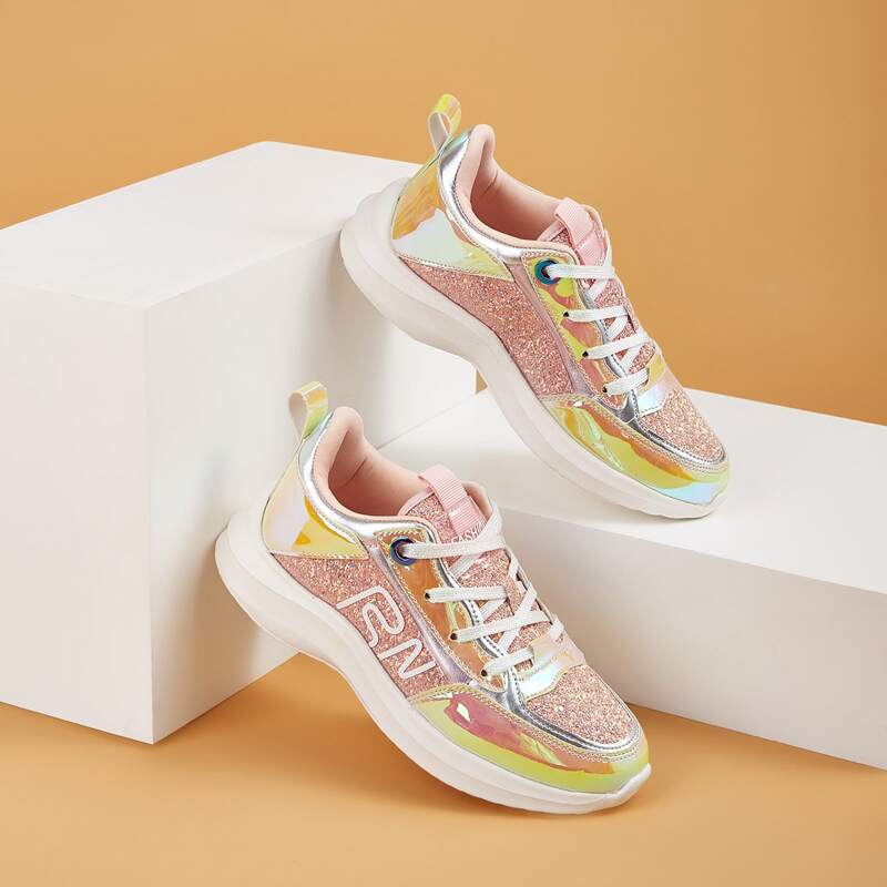 

Holographic Panel Glitter Chunky Sneakers, Pink