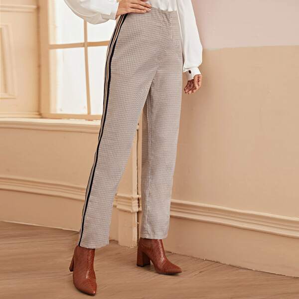 

Plaid Side Stripe Straight Leg Pants, Khaki