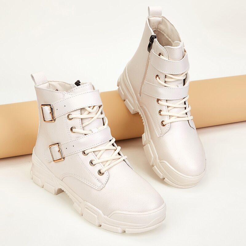 

Double Buckle Strap Combat Boots, White
