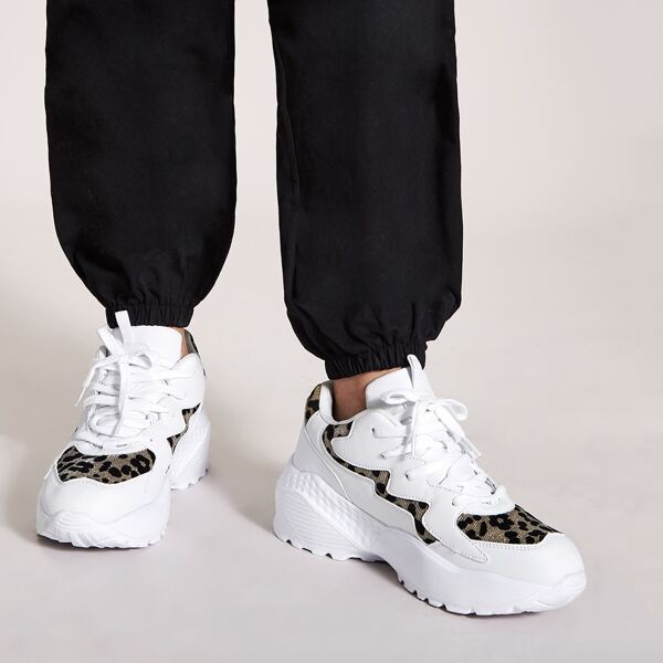 

Lace-up Front Leopard Panel Chunky Sneakers, White