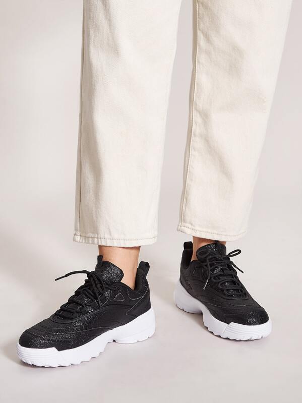 

Lace-up Front Wide Fit Glitter Sneakers, Black