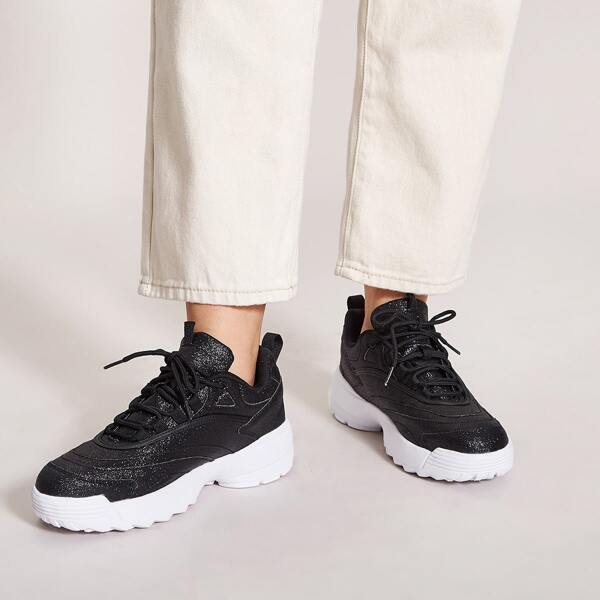 

Lace-up Front Wide Fit Glitter Sneakers, Black