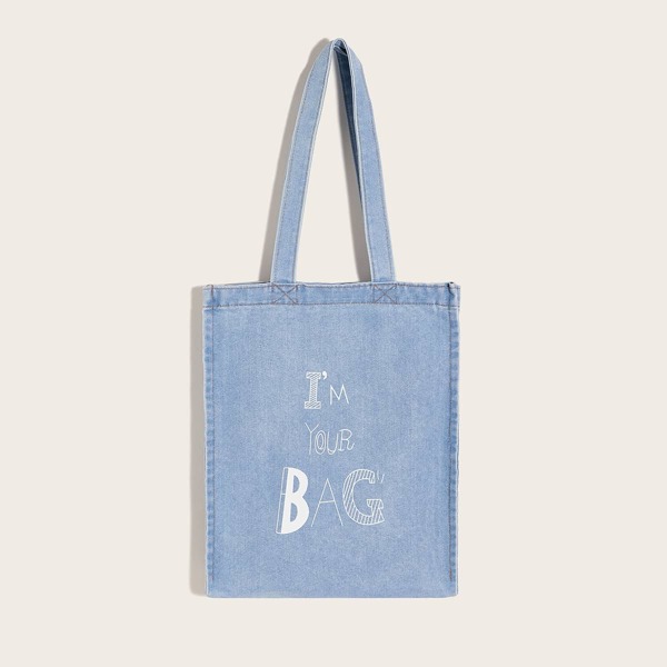 

Slogan Graphic Denim Tote Bag, Blue