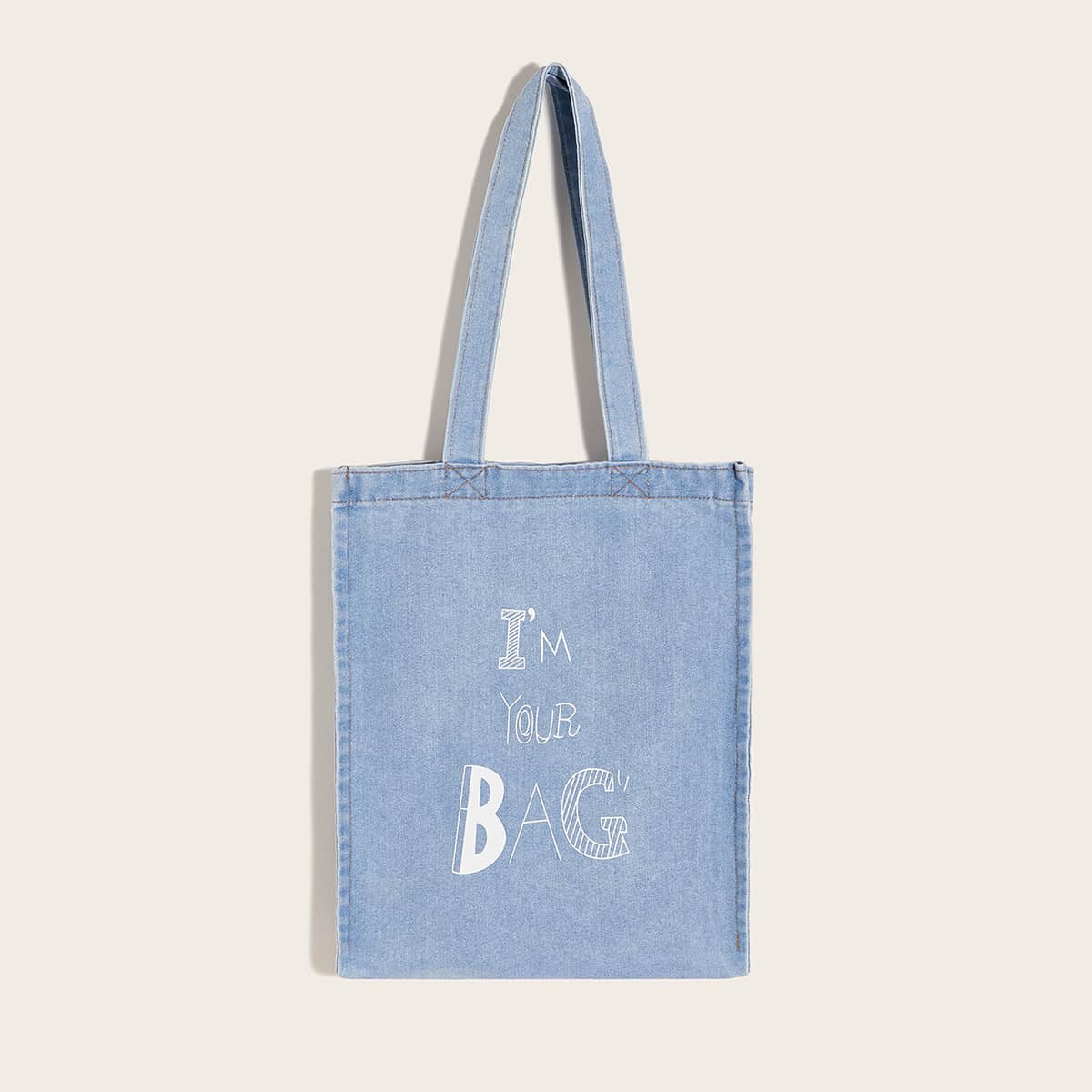 

Slogan Graphic Denim Tote Bag, Blue