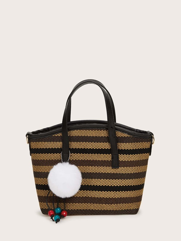 

Pom Pom Decor Striped Satchel Bag, Multicolor