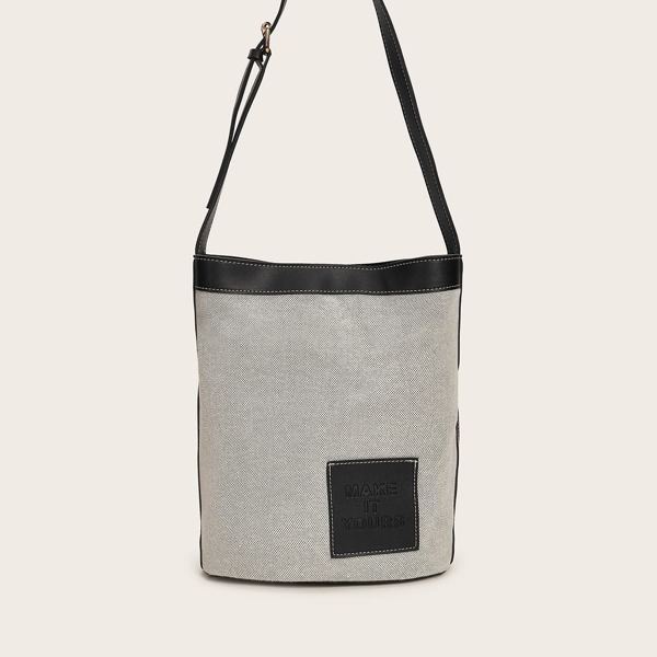 

Letter Patch Decor Bag With Inner Pouch, Grey