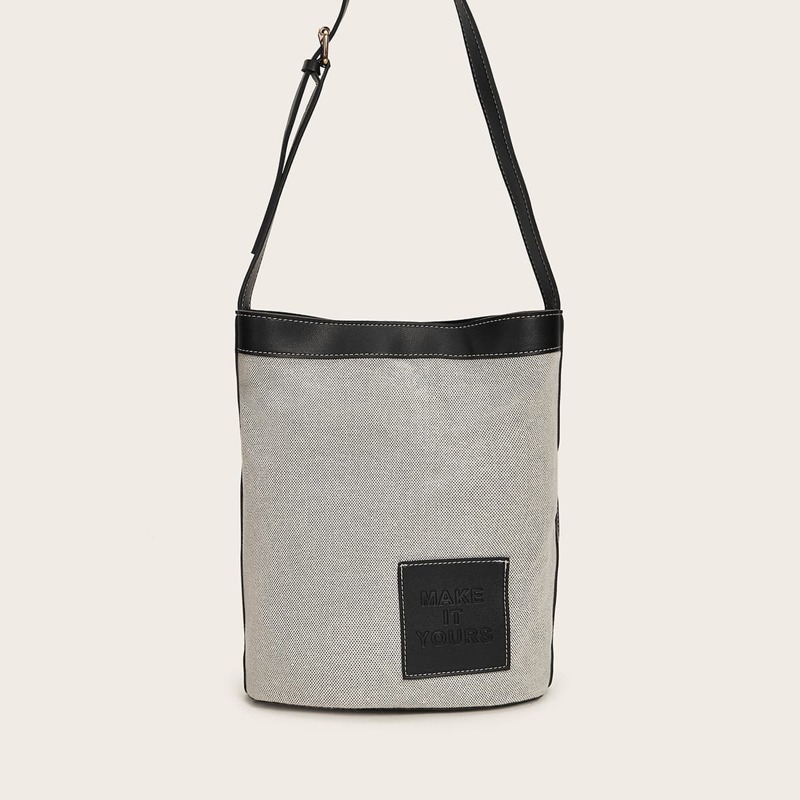 

Letter Patch Decor Bag With Inner Pouch, Grey
