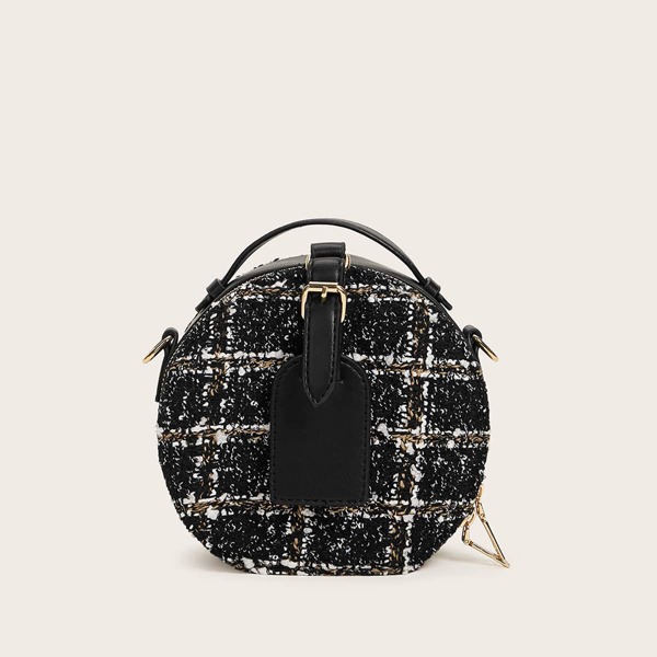 

Round Shaped Tweed Satchel Bag, Black