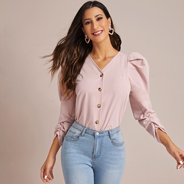 

Puff Sleeve Button Up Blouse, Pastel baby pink