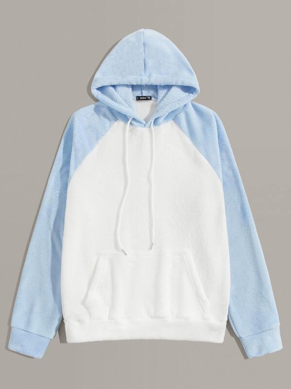

Men Raglan Sleeve Colorblock Fleece Hoodie, White