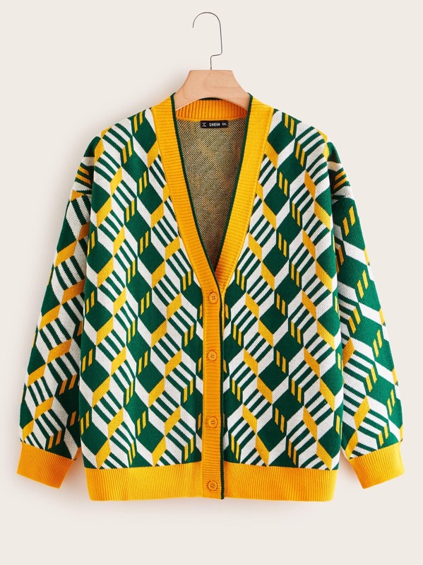 

Plus Single Breasted Geo Pattern Cardigan, Multicolor