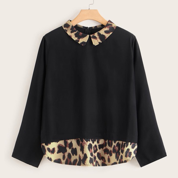 

Plus Contrast Leopard Zip Back Blouse, Black