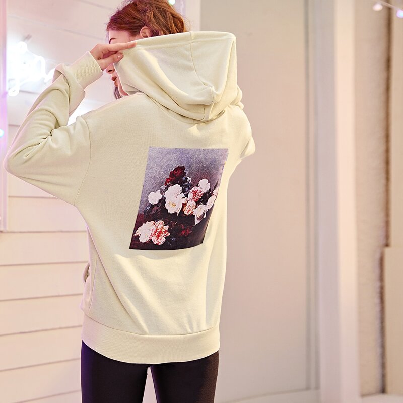 

Floral & Letter Graphic Drawstring Hoodie, Beige