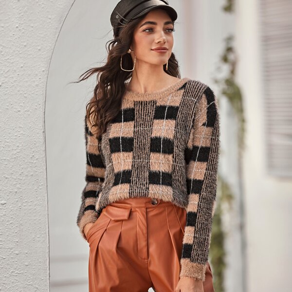 

Drop Shoulder Fuzzy Plaid Sweater, Multicolor