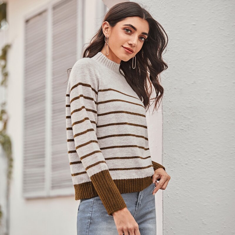 

Mock-neck Raglan Sleeve Striped Sweater, Beige