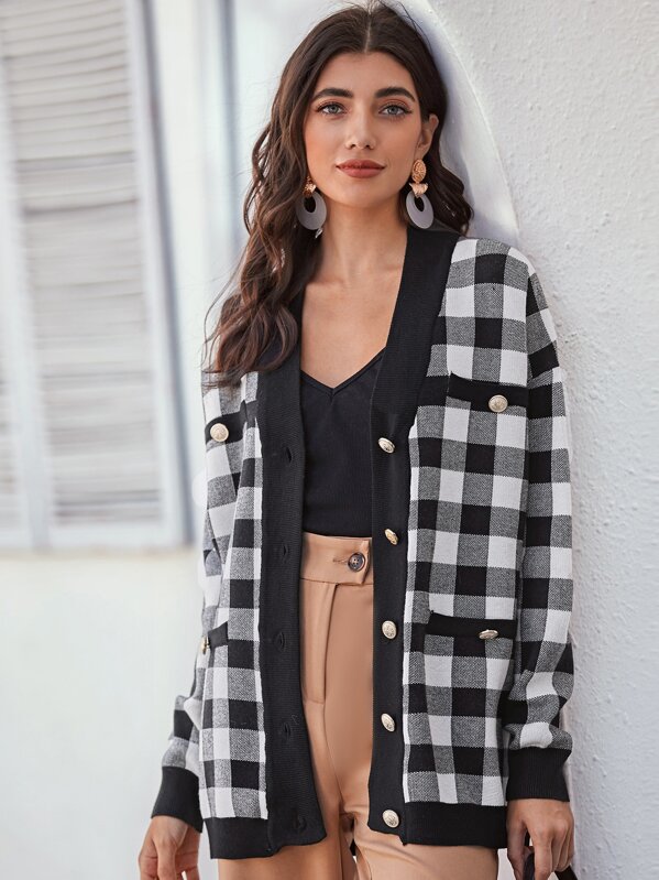 

Drop Shoulder Button Front Sweater Coat, Black and white, JULIAk