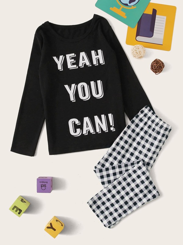 

Boys Letter & Gingham Print PJ Set, Black and white