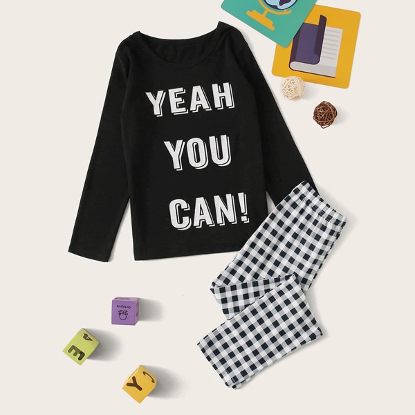 

Boys Letter & Gingham Print PJ Set, Black and white