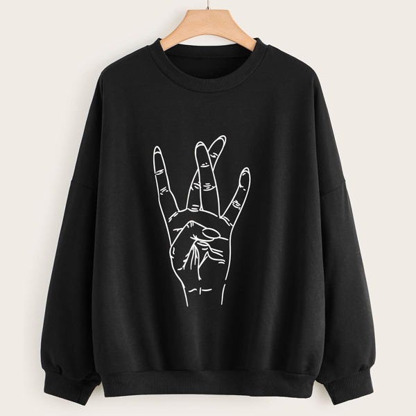 

Plus Gesture Print Drop Shoulder Sweatshirt, Black