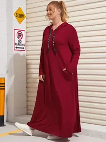 Mulvari Đầm Plus Size cườm đính  màu trơn Burgundy Giải trí - Màu Đỏ Sâu - Xem 1