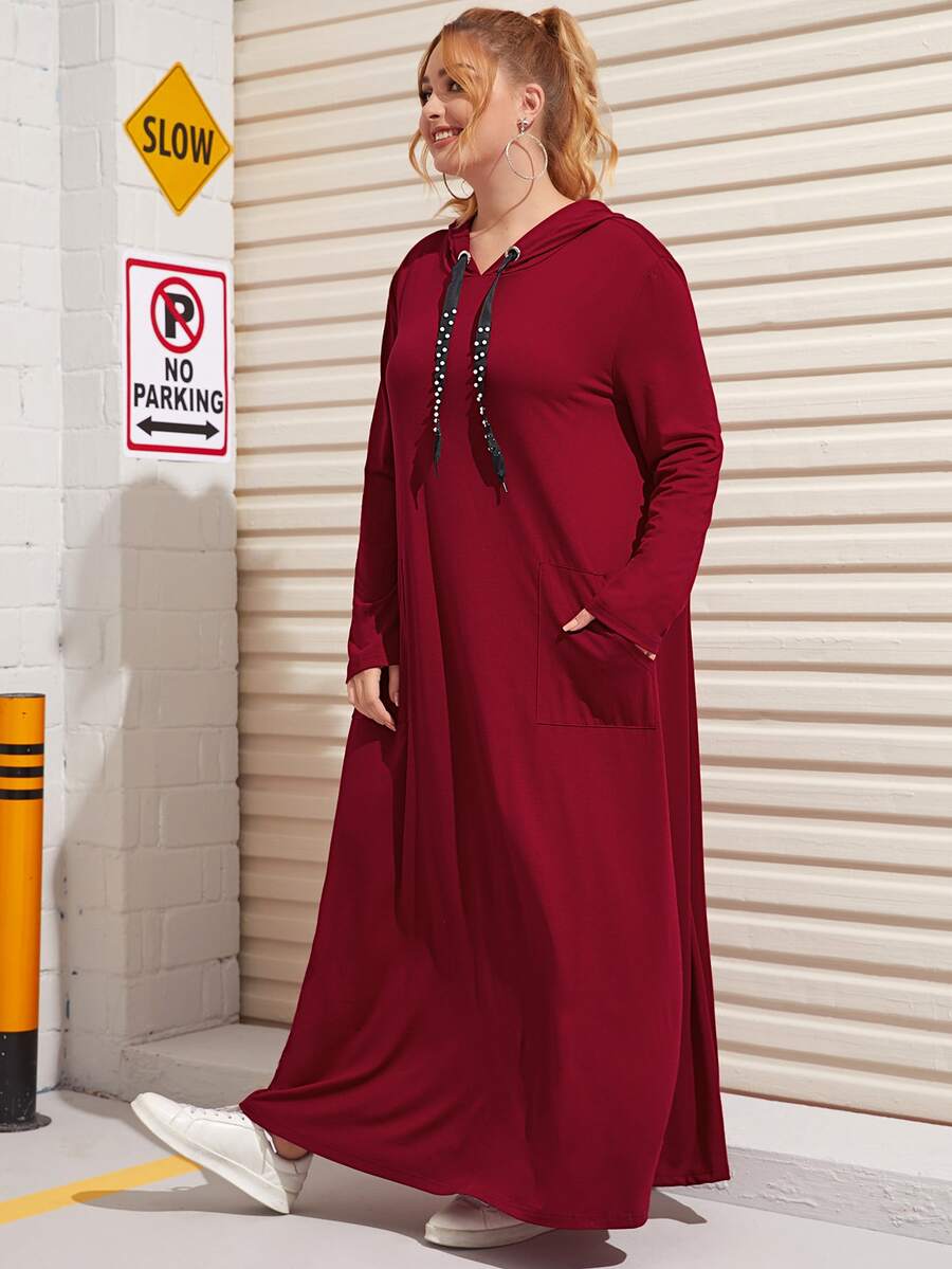 Mulvari Đầm Plus Size cườm đính  màu trơn Burgundy Giải trí - Màu Đỏ Sâu - Xem 1
